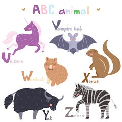 Vector hand drawn cute abc alphabet animal colorful scandinavian design, zebra, vampire bat, unicorn,wombat, xerus, yak