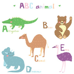 Vector hand drawn cute abc alphabet animal colorful scandinavian design, alligator, bear, camel, dinosaur, emu