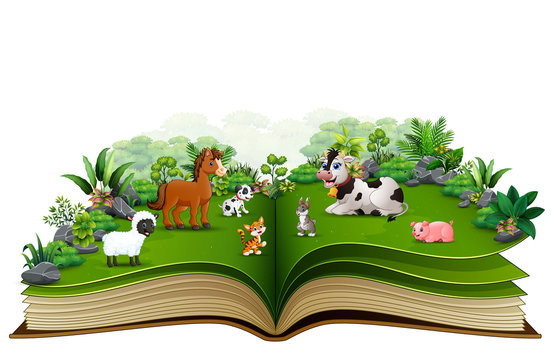 Open book with cartoon of animal farm in the park