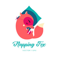 Fox in a sleeping mask dreaming on a pillow. Cute napping cartoon animal, dreaming in comfort.