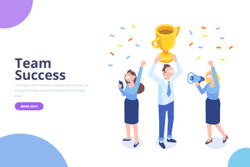 Team Success vector concept. Business people celebrating victory. Man holding gold cup. Flat Vector illustration. 