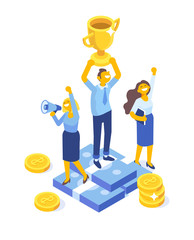 Team Success vector concept. Business people celebrating victory. Man holding gold cup. Flat Vector illustration. 