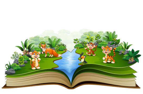 Open book with the animal cartoon playing in the river