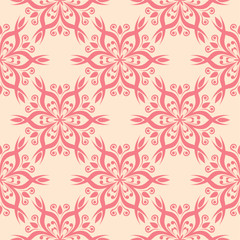 Red flowers on beige background. Ornamental seamless pattern