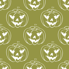 Halloween pumpkin pattern. Olive green seamless background