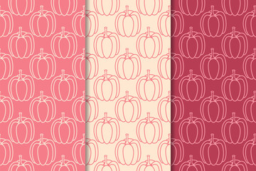 Halloween pumpkin patterns. Cherry red and beige seamless backgrounds