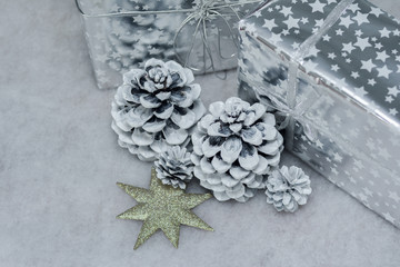 Cones in the snow and presents in silver packing