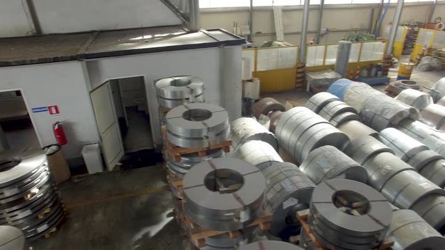 Packed rolls of steel sheet, Cold rolled steel coils, aerial view