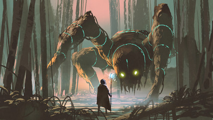 jeune sorcier avec bâton magique et créature géante se regardant dans la forêt, style art numérique, peinture d& 39 illustration