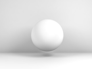 White sphere object flying in empty room 3d