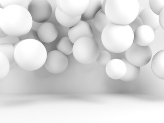 Group of white spheres in empty room, 3 d