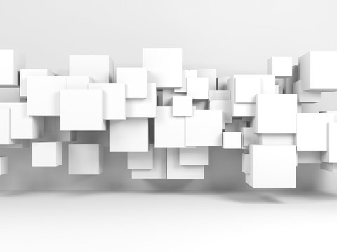 Fototapeta Installation of flying cubes in 3d room interior