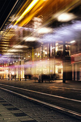 Time Exposure train traffic light night Mannheim street urban public transport city christmas...