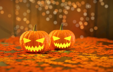 Halloween pumpkin night dark horror with leafs and light bokeh 3D illustration.
