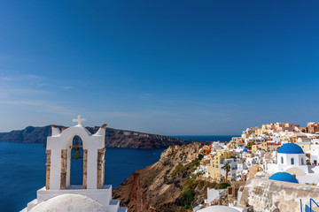 Santorini, Greece. Picturesque view of traditional cycladic Santorini's church on cliff