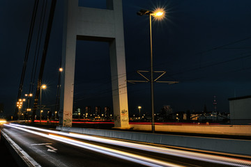 Fototapeta na wymiar City Sign Ludwigshafen Bridge Mannheim Rhine Transport logistic night time exposure