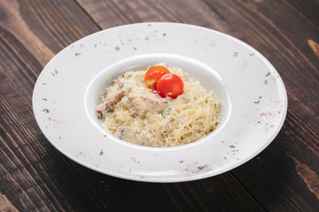 Ham and parmesan salad with tomatoes and сroutons