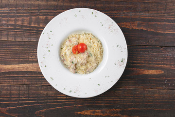 Ham and parmesan salad with tomatoes and сroutons