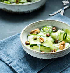 frischer knackiger Gurkensalat mit Joghurt-Dressing Honig Haselnüssen Walnüssen und Dill in einer...