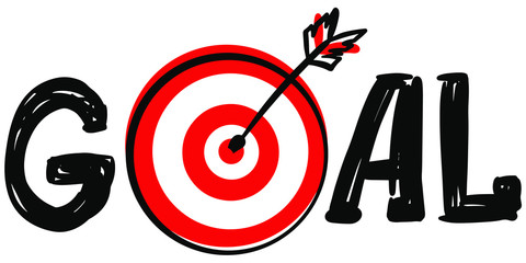 doodle hand drawn Word Goal with Dartboard target and arrow symbol instead of letter O isolated on white background. Vector illustration
