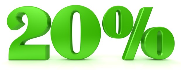 percentage percent sign per cent symbol 20 % green 3d render graphic icon