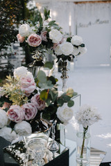 Indoors wedding decoration with fresh flowers