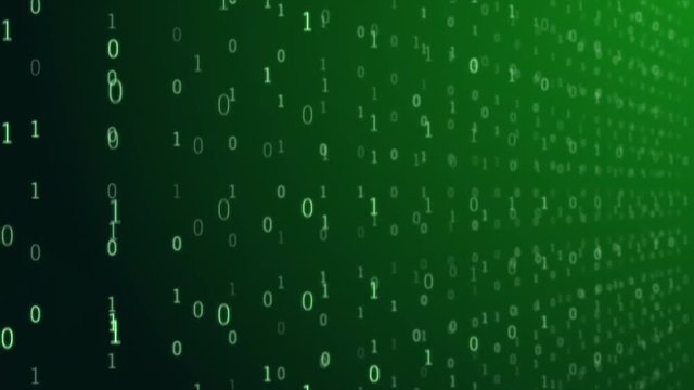 Motion graphics animation of illuminated green binary code falling down in digital space