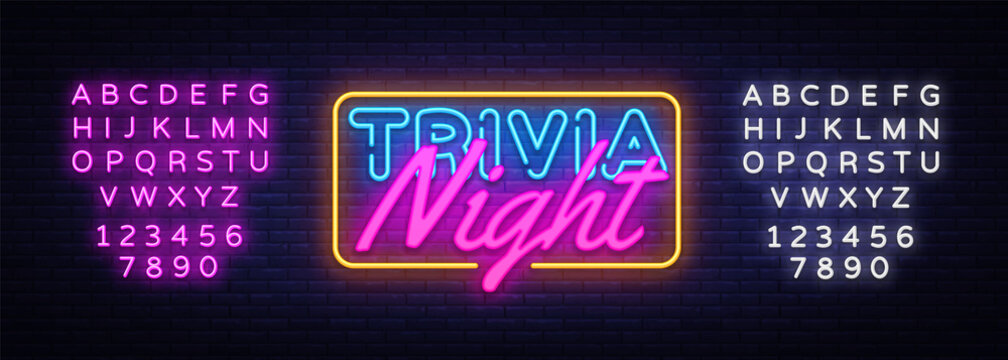 Trivia Night neon sign vector. Quiz Time Design template neon sign, light banner, neon signboard, nightly bright advertising, light inscription. Vector illustration. Editing text neon sign