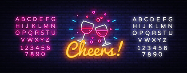 Cheers neon sign vector. Wine Party celebration Design template neon sign, light banner, neon signboard, nightly bright advertising, light inscription. Vector illustration. Editing text neon sign