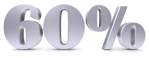 60 % percent sign 3d silver discount sale sign interest rate symbol savings price reduction tag label isolated