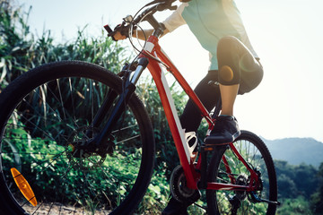 Woman cyclist riding mountain bike on rocky trail at sunny day