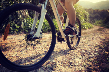 Naklejka premium Woman cyclist riding mountain bike on rocky trail at sunny day