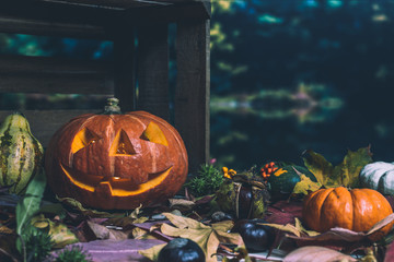 Halloween Kürbisse gruselig geschnitzt in stimmungsvoller Atmosphäre