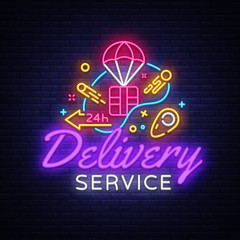Delivery Service Neon Logo Vector. Fast delivery neon sign, design template, modern trend design, night neon signboard, night bright advertising, light banner, light art. Vector illustration