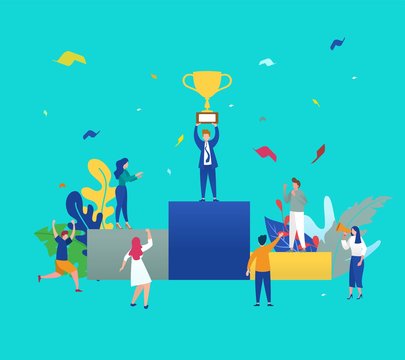 group of business people character holding thropy and get reward standing on podium and celebrate vector illustration concept, can be use for, web, book cover, presentation, flyer, banner