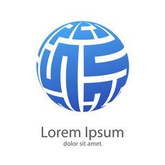 Logotipo laberinto en espacio negativo en esfera en azul