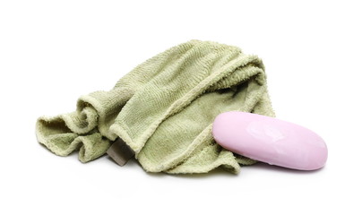 Dirty rag, cloth and soap isolated on white background