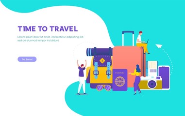 Fototapeta na wymiar Time to travel vector concept illustration, people travel around the world, can use for, landing page, template, ui, web, mobile app, poster, banner, flyer