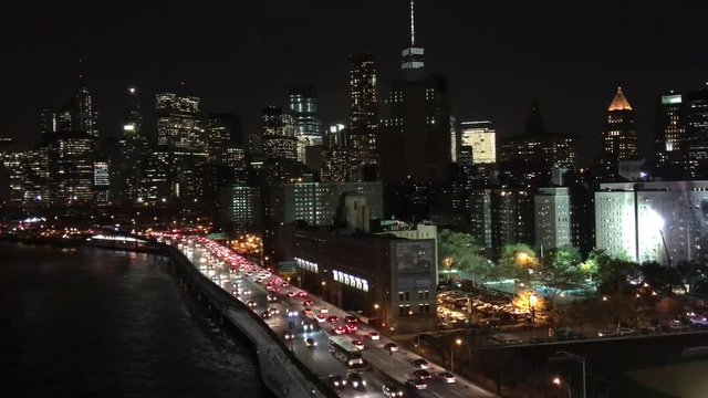 FDR Drive traffic at night, aerial view of New York City