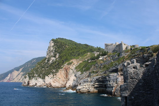 Costa con falesia a picco sul mare con bosco e castello medievale
