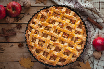 Homemade apple pie on wooden background, top view