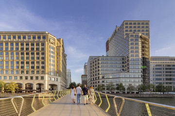 Canary wharf riverside inland bay footpatch bridge view, London, United Kingdom.