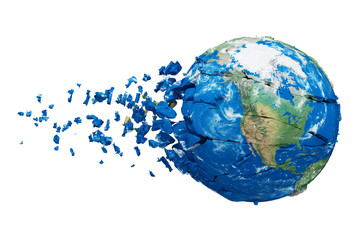 Broken shattered planet earth globe isolated on white background. Blue and green realistic world with particles and debris.