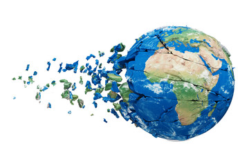 Broken shattered planet earth globe isolated on white background. Blue and green realistic world with particles and debris. © gurzart
