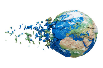 Broken shattered planet earth globe isolated on white background. Blue and green realistic world with particles and debris.