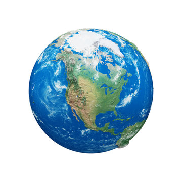Planet earth globe isolated on white background. Blue and green realistic world. Earth day celebration.