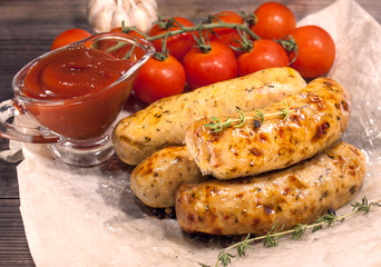 Fried pork sausages with spices, ketchup, cherry tomatoes and rosemary on mint wrapping paper.  Delicious food for gourmets, lovers of sausages and beer.
