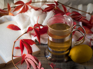 Still life with hot tea in autumn decoration.Hot drink for autumn cold rainy days