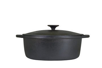Large black cast iron pan with lid on white background