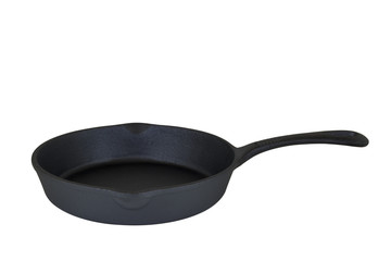 Small black cast iron frying pan on white background